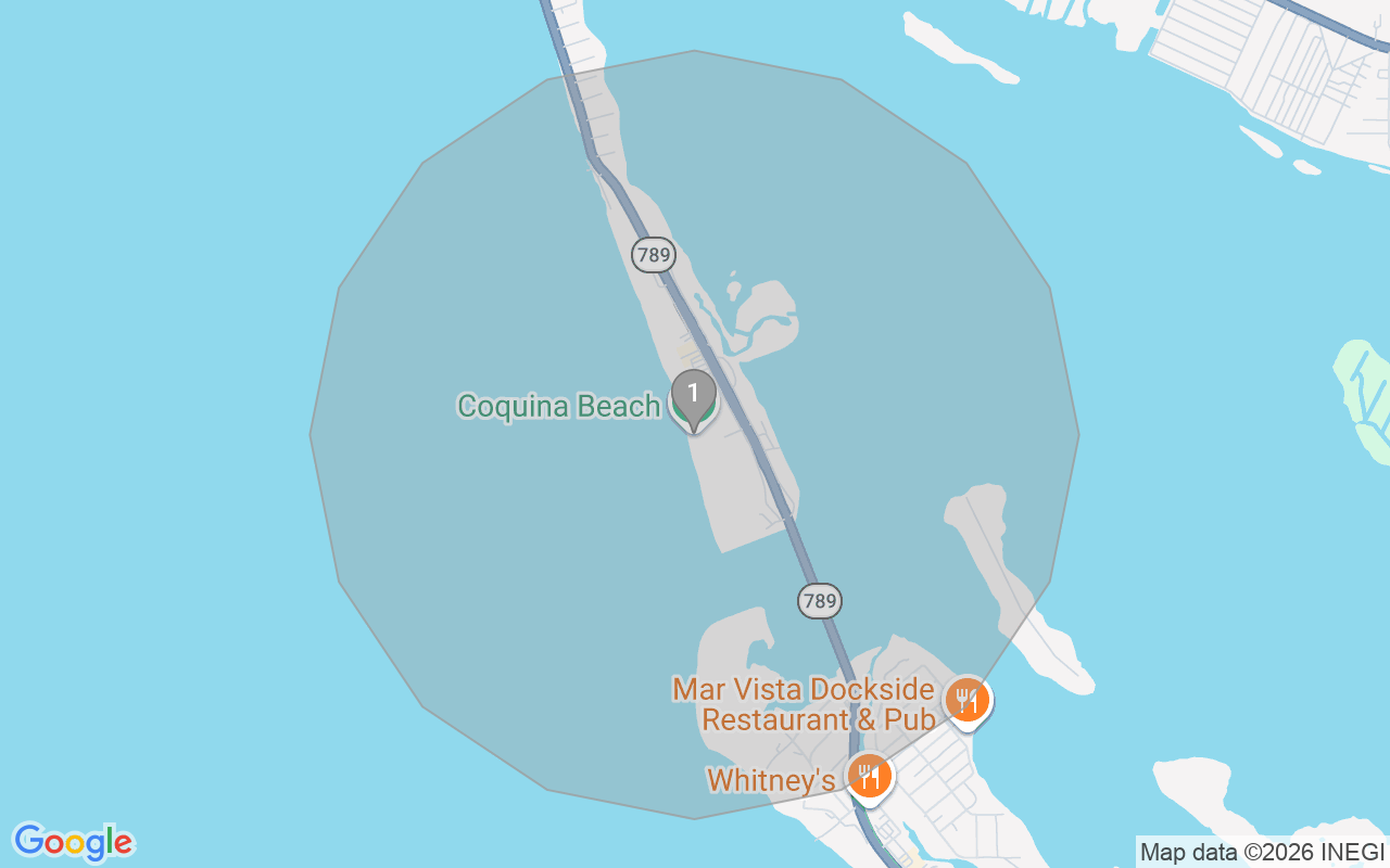 Map of Airbnb guest-review hotspots in Bradenton Beach with location premium circles