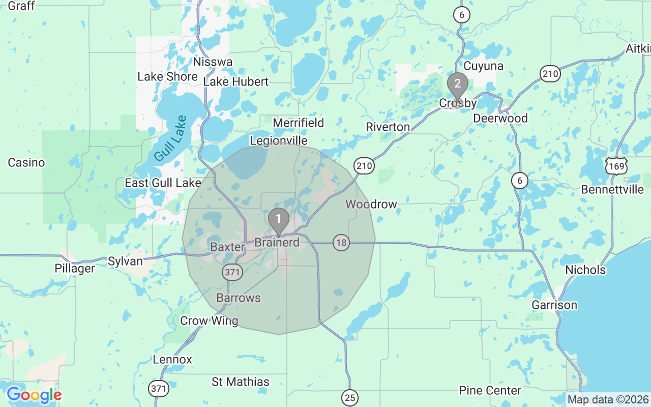Map of Airbnb guest-review hotspots in Brainerd with location premium circles