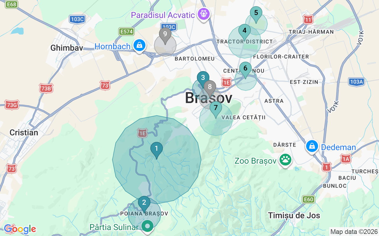 Map of Airbnb guest-review hotspots in Brasov with location premium circles