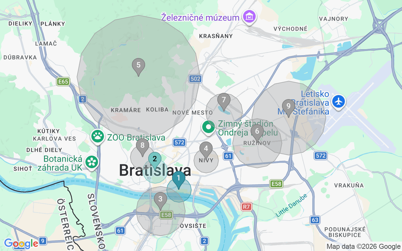 Map of Airbnb guest-review hotspots in Bratislava with location premium circles
