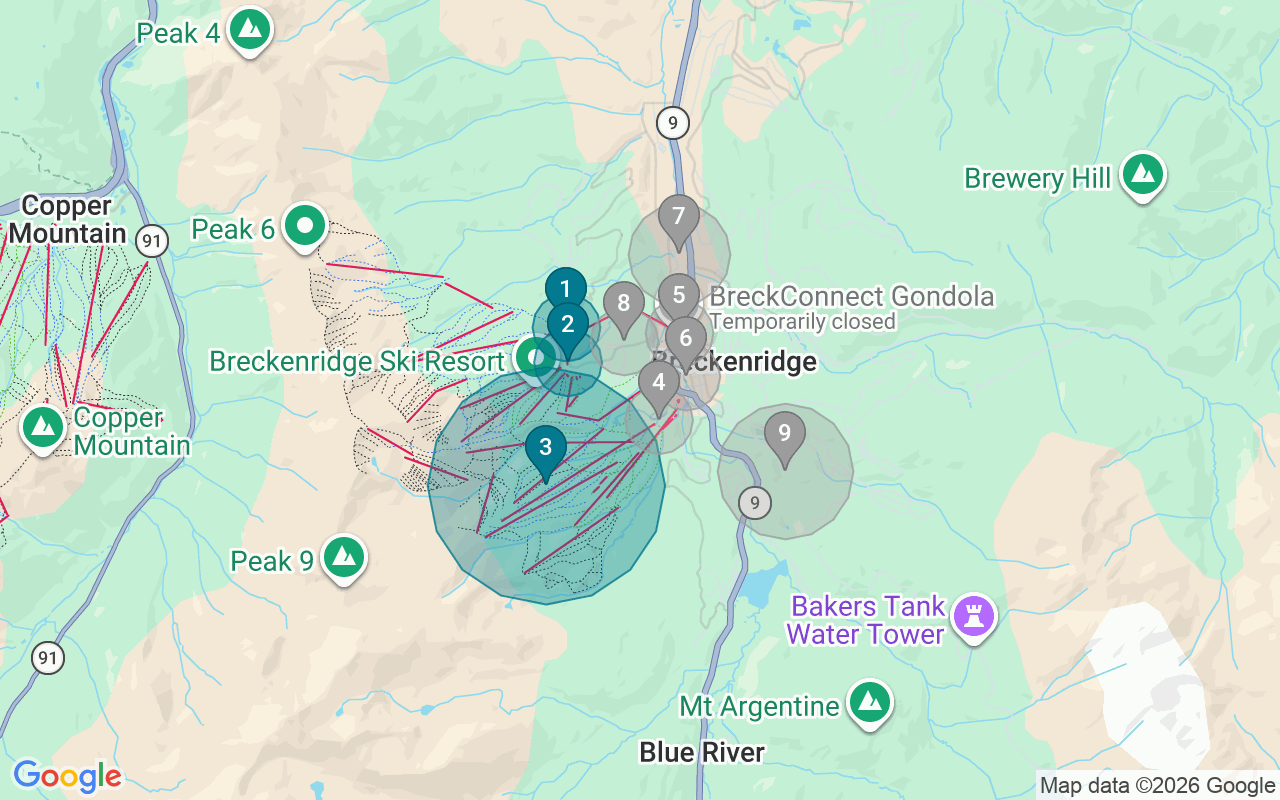 Map of Airbnb guest-review hotspots in Breckenridge with location premium circles