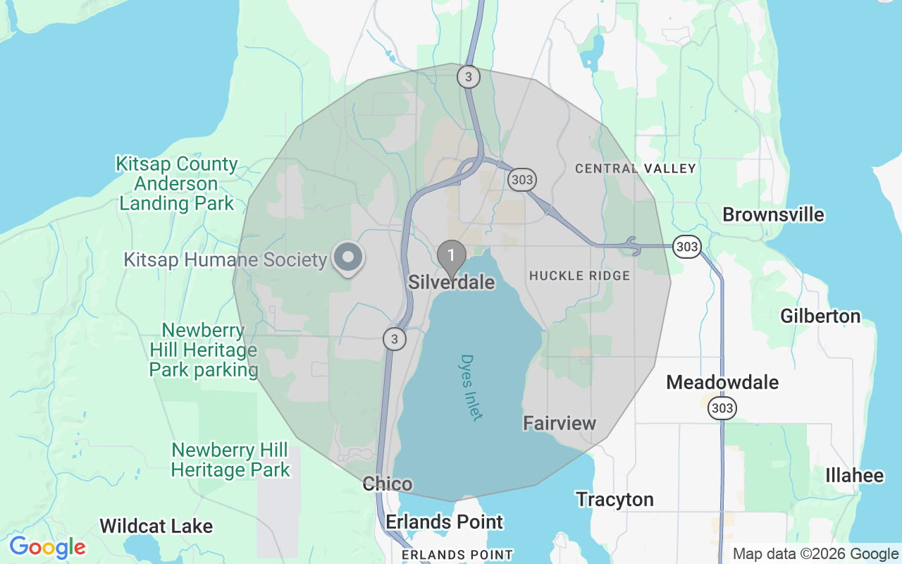 Map of Airbnb guest-review hotspots in Bremerton-Silverdale-Port Orchard with location premium circles