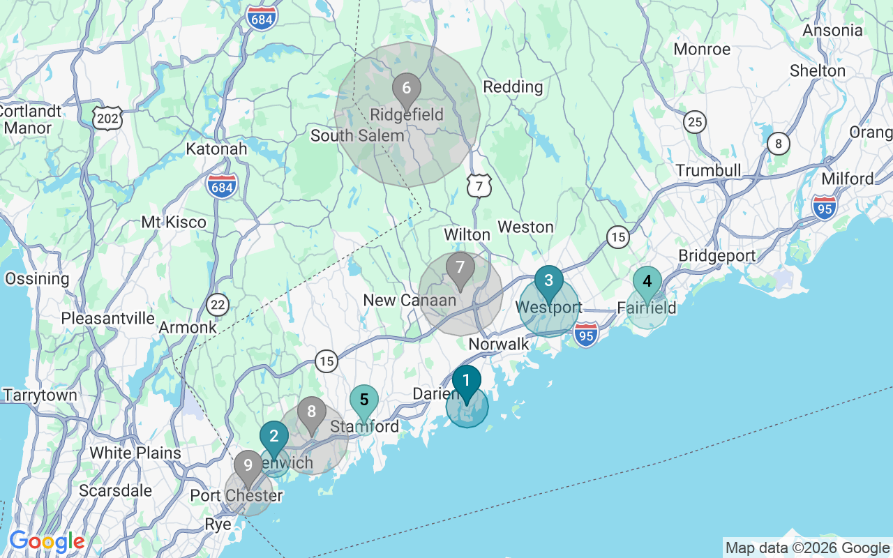 Map of Airbnb guest-review hotspots in Bridgeport-Stamford-Norwalk with location premium circles