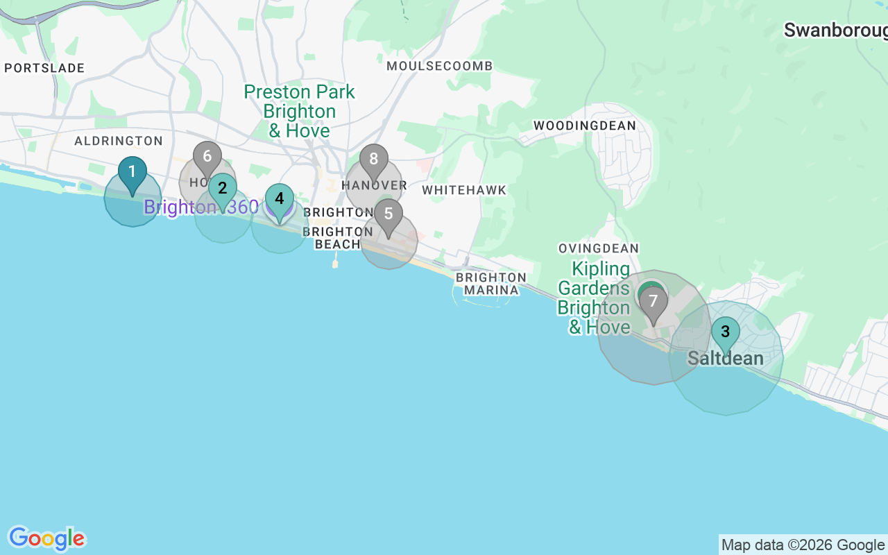 Map of Airbnb guest-review hotspots in Brighton And Hove with location premium circles