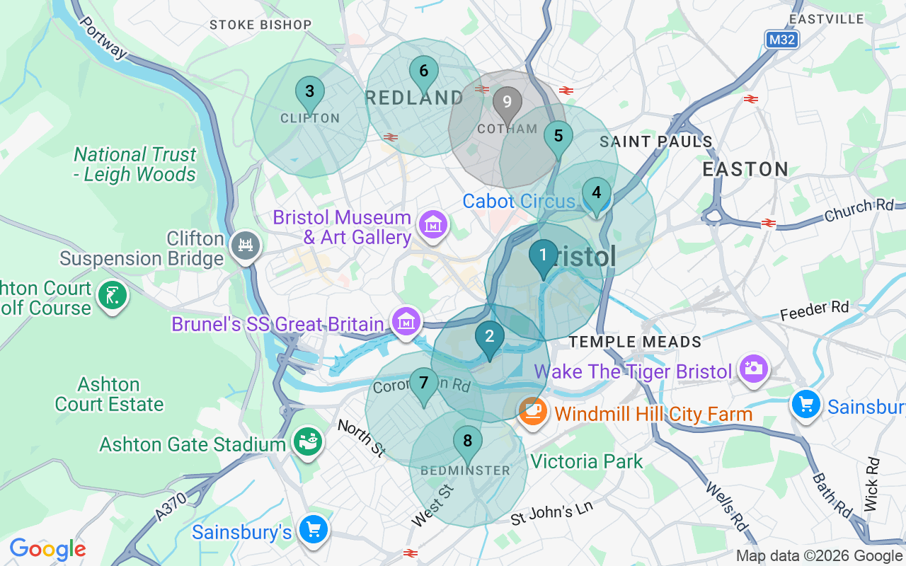 Map of Airbnb guest-review hotspots in Bristol with location premium circles