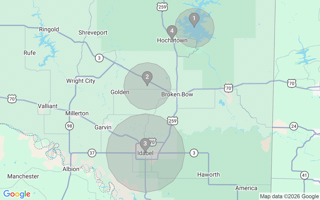 Map of Airbnb guest-review hotspots in Broken Bow with location premium circles