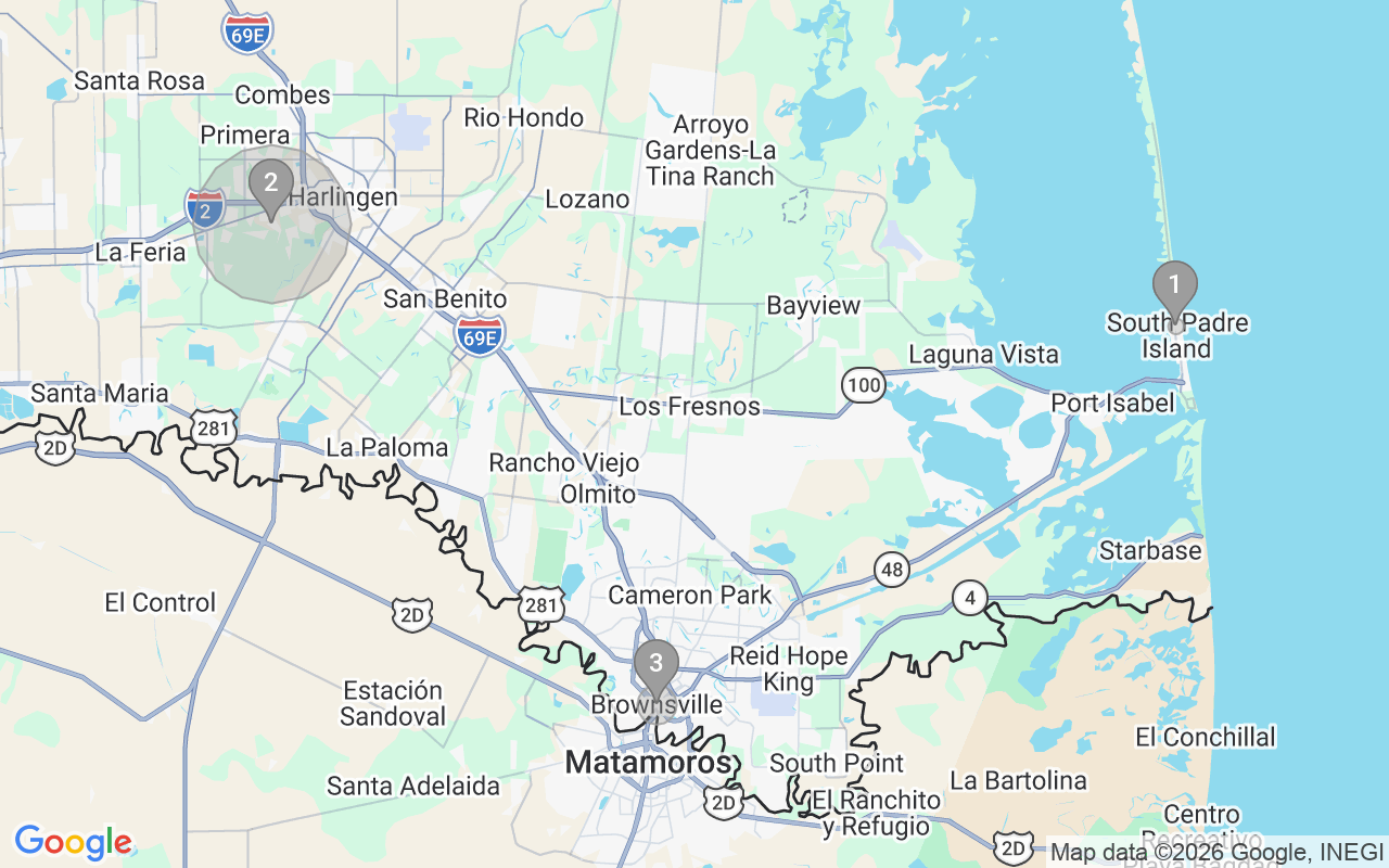 Map of Airbnb guest-review hotspots in Brownsville-Harlingen with location premium circles