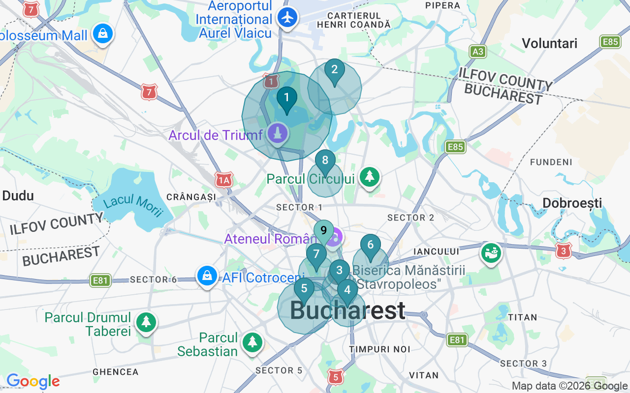 Map of Airbnb guest-review hotspots in Bucharest with location premium circles