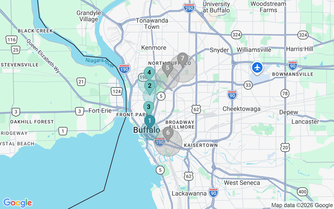 Map of Airbnb guest-review hotspots in Buffalo with location premium circles