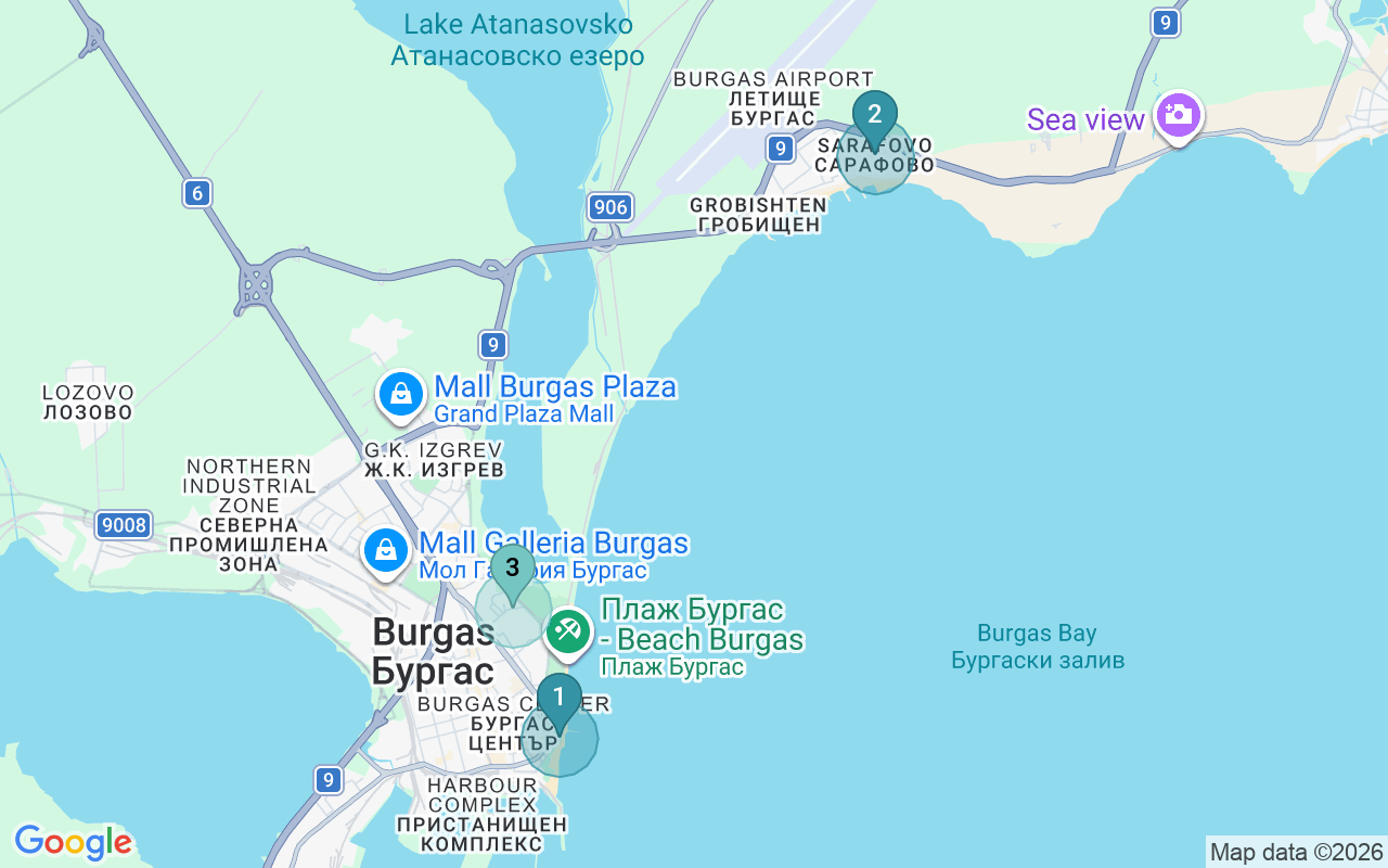 Map of Airbnb guest-review hotspots in Burgas with location premium circles