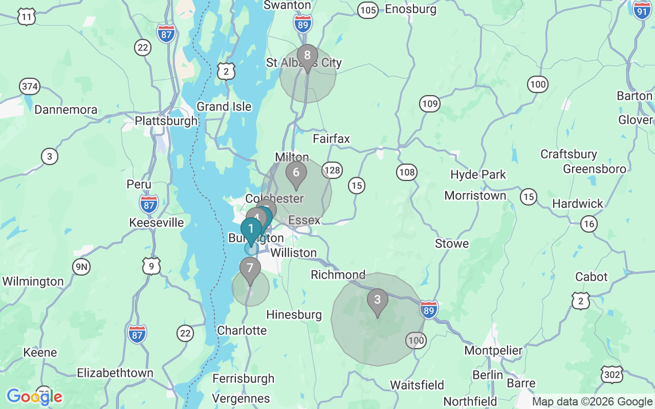 Map of Airbnb guest-review hotspots in Burlington-South Burlington with location premium circles