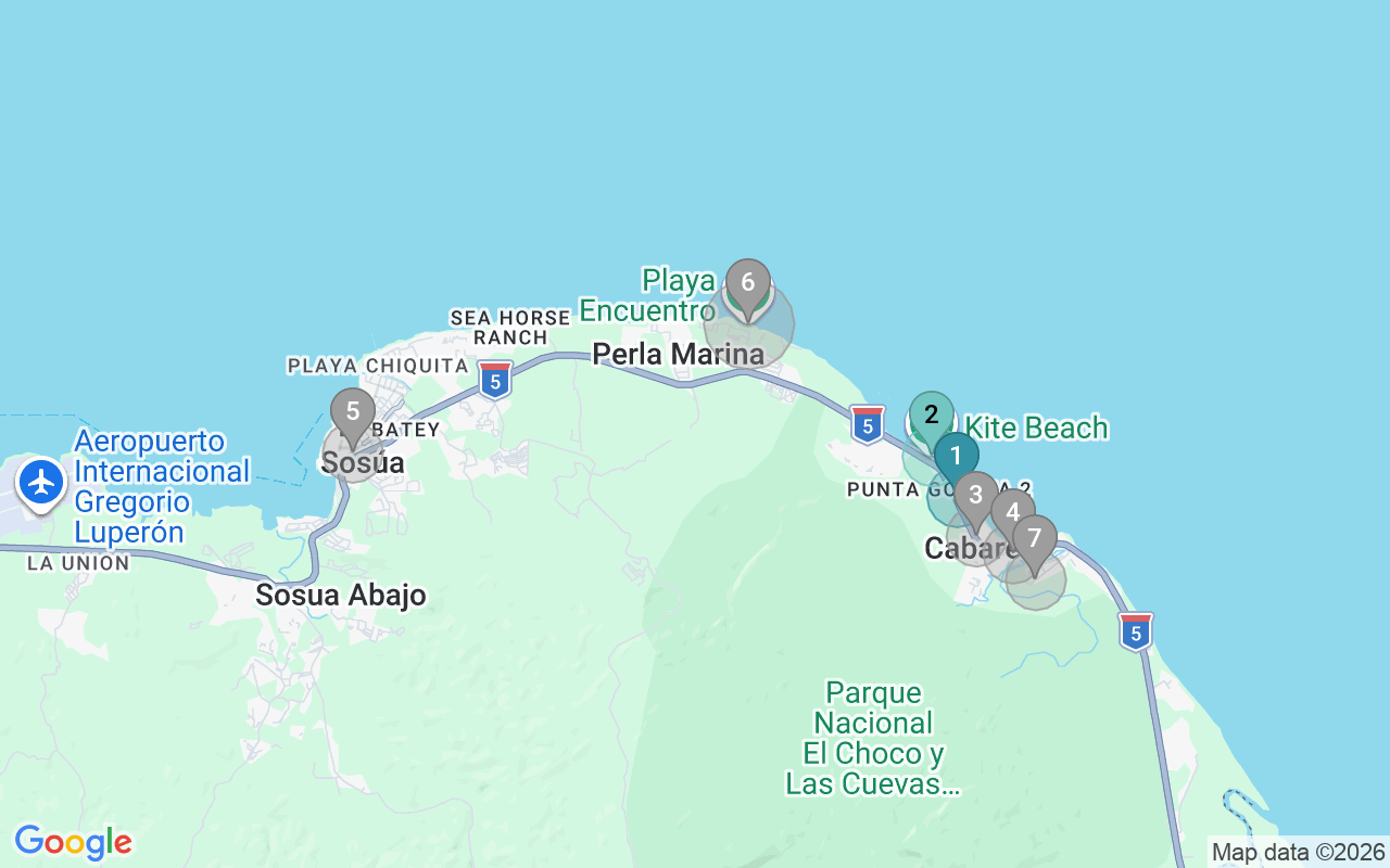 Map of Airbnb guest-review hotspots in Cabarete with location premium circles