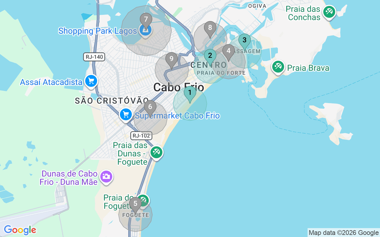 Map of Airbnb guest-review hotspots in Cabo Frio with location premium circles