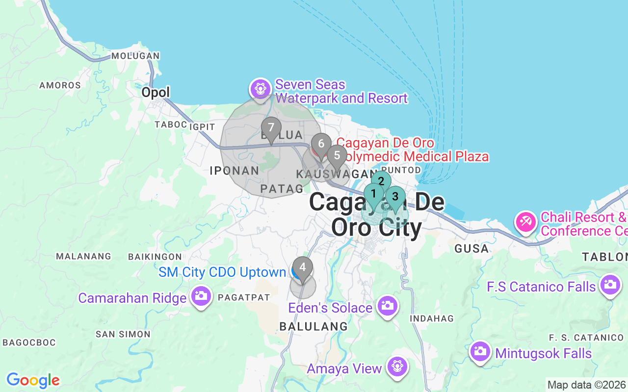 Map of Airbnb guest-review hotspots in Cagayan de Oro City with location premium circles