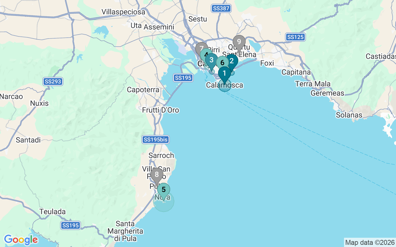 Map of Airbnb guest-review hotspots in Cagliari with location premium circles