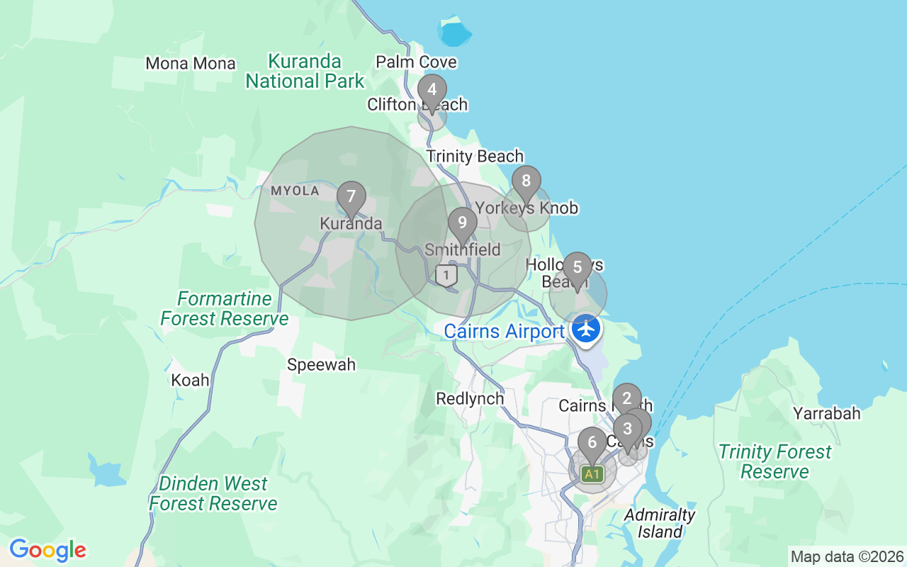 Map of Airbnb guest-review hotspots in Cairns with location premium circles