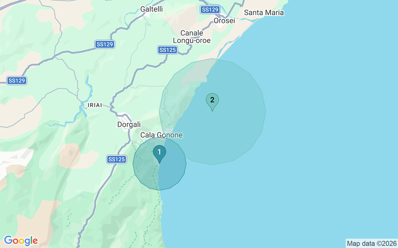 Map of Airbnb guest-review hotspots in Cala Gonone with location premium circles