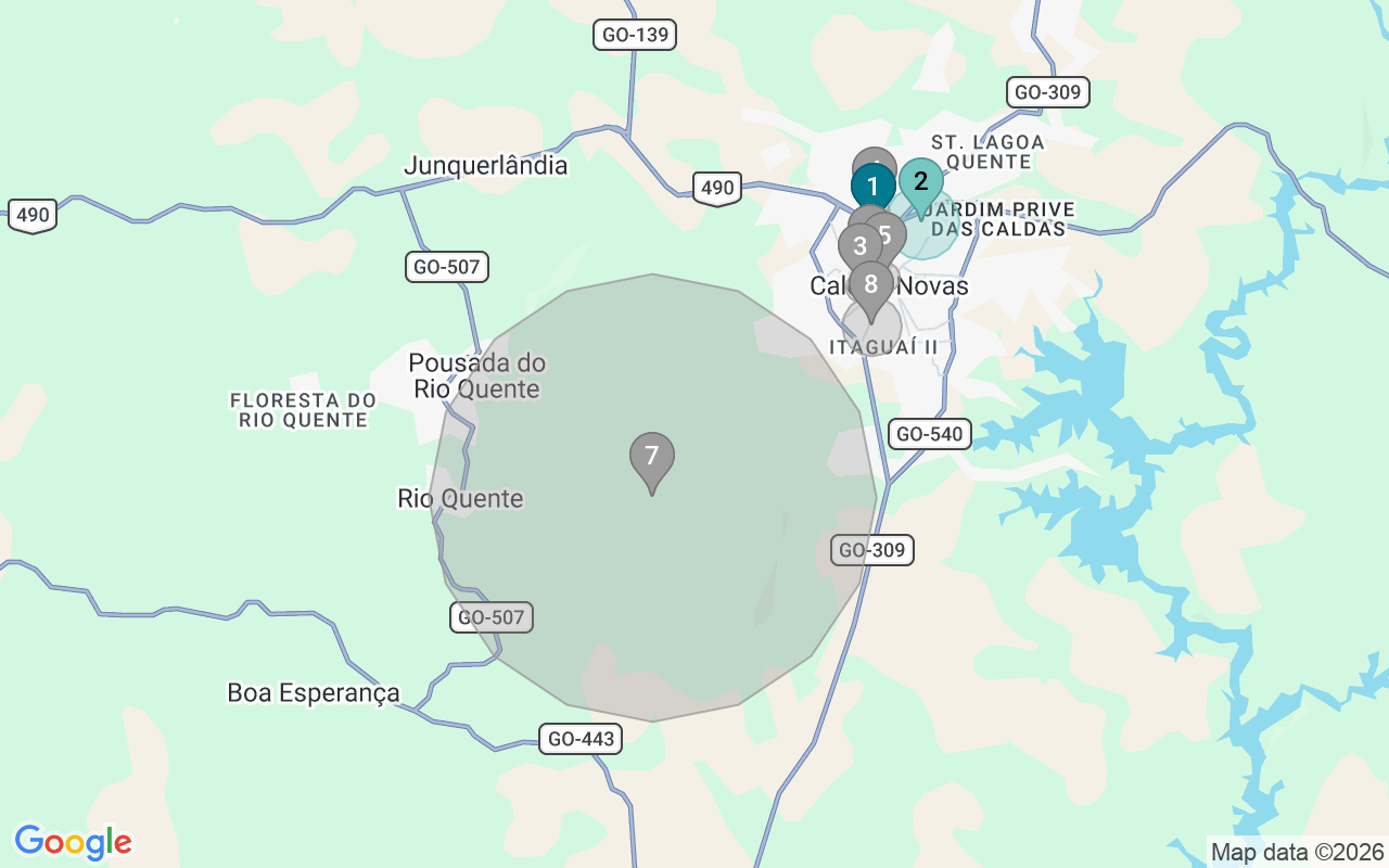 Map of Airbnb guest-review hotspots in Caldas Novas with location premium circles