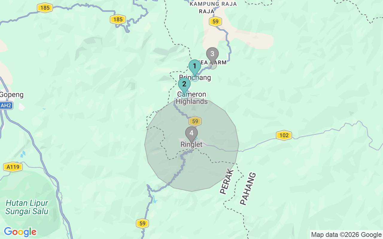 Map of Airbnb guest-review hotspots in Cameron Highlands with location premium circles