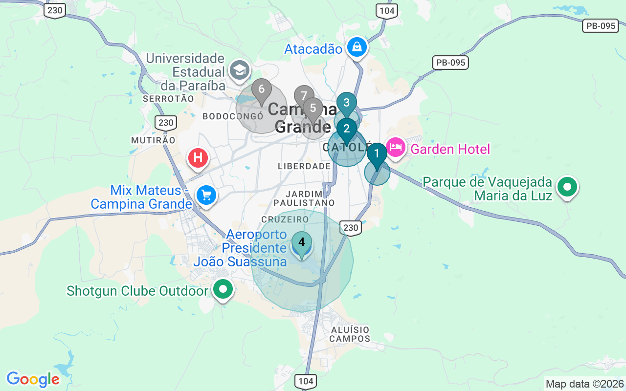 Map of Airbnb guest-review hotspots in Campina Grande with location premium circles