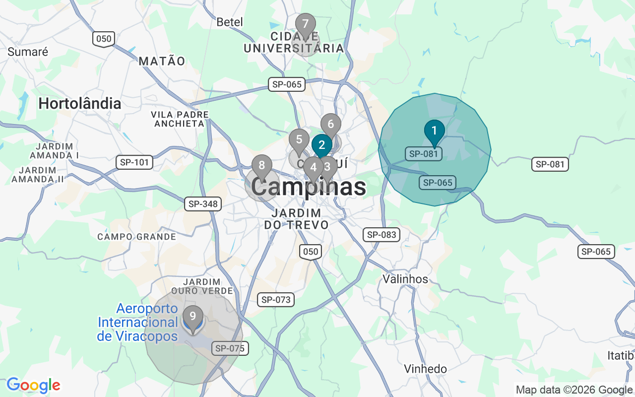 Map of Airbnb guest-review hotspots in Campinas with location premium circles