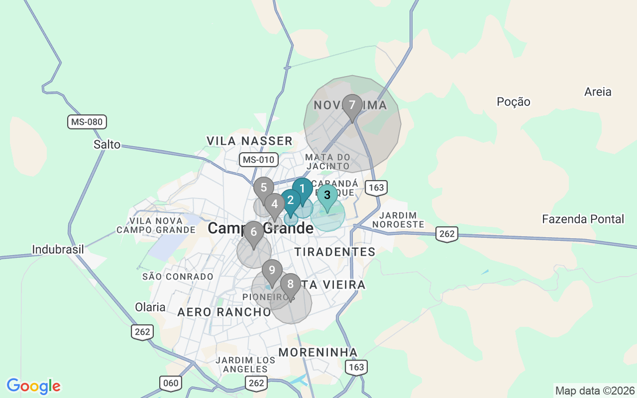 Map of Airbnb guest-review hotspots in CAMPO GRANDE with location premium circles