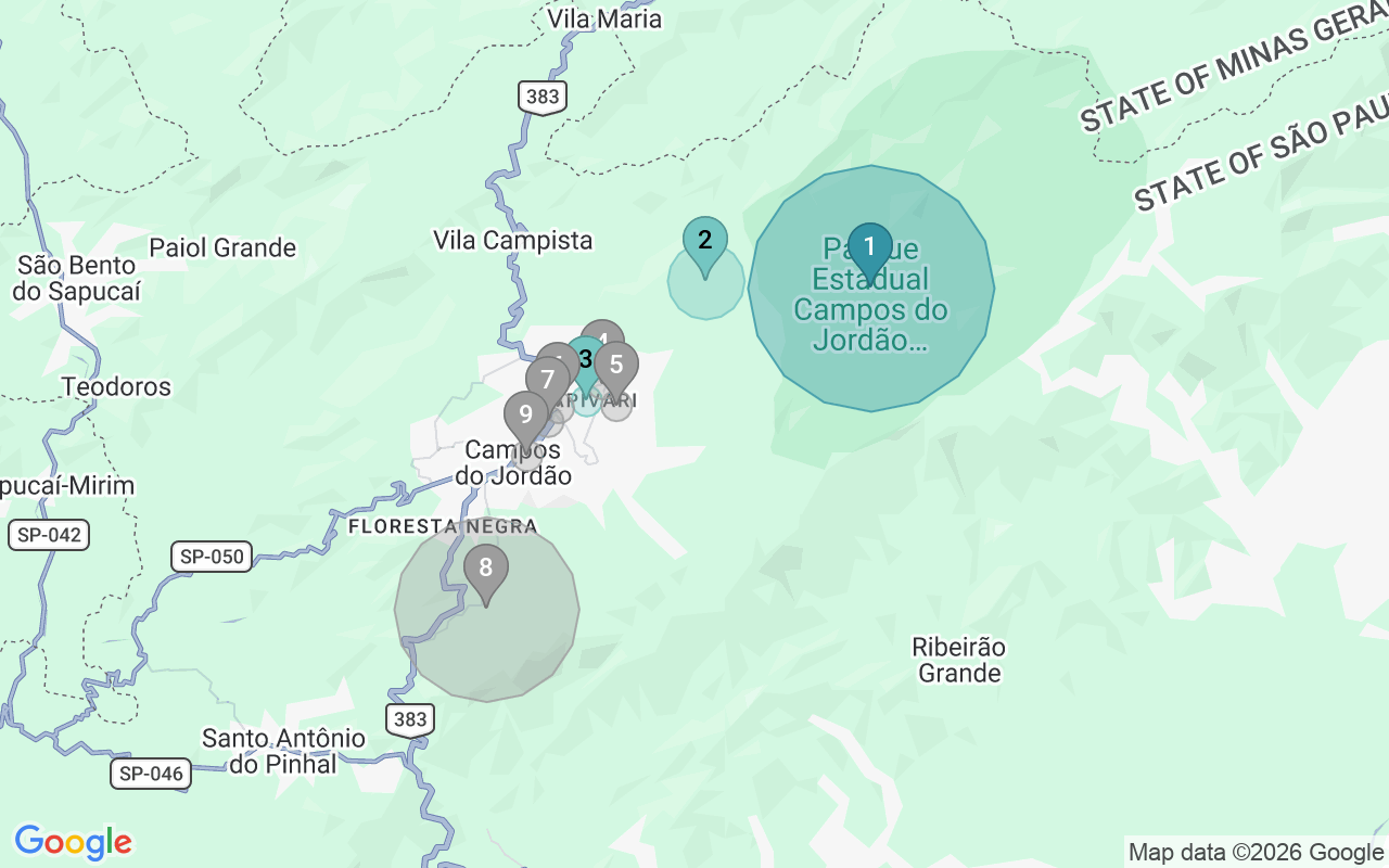 Map of Airbnb guest-review hotspots in Campos Do Jordão with location premium circles