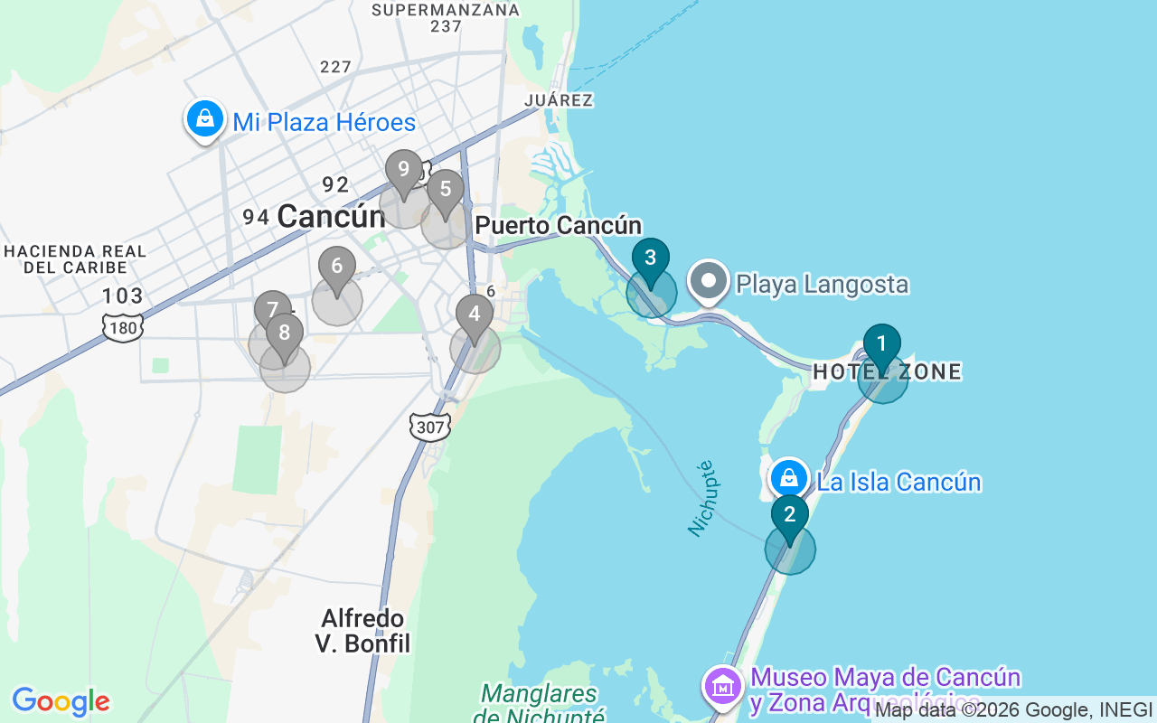 Map of Airbnb guest-review hotspots in Cancun with location premium circles