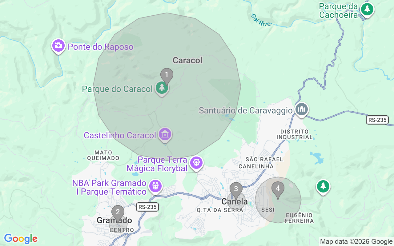 Map of Airbnb guest-review hotspots in Canela with location premium circles