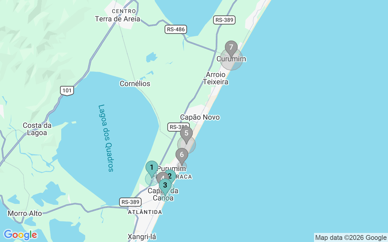 Map of Airbnb guest-review hotspots in Capão Da Canoa with location premium circles
