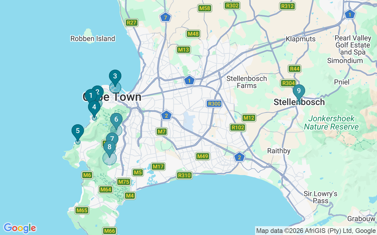 Map of Airbnb guest-review hotspots in Cape Town with location premium circles