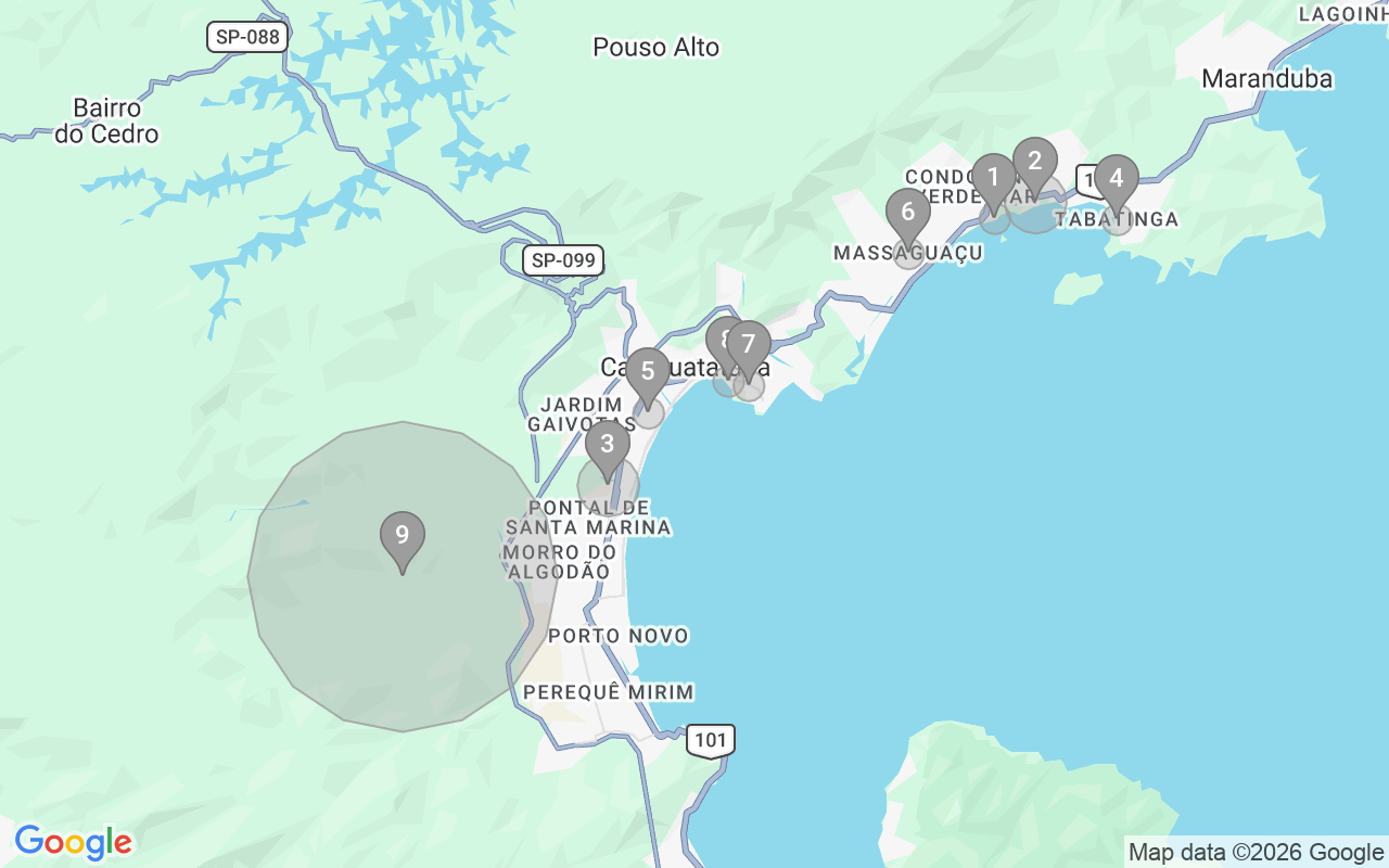 Map of Airbnb guest-review hotspots in Caraguatatuba with location premium circles