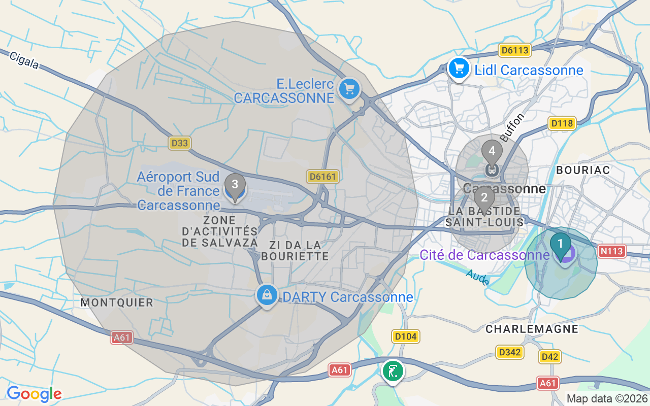 Map of Airbnb guest-review hotspots in Carcassonne with location premium circles