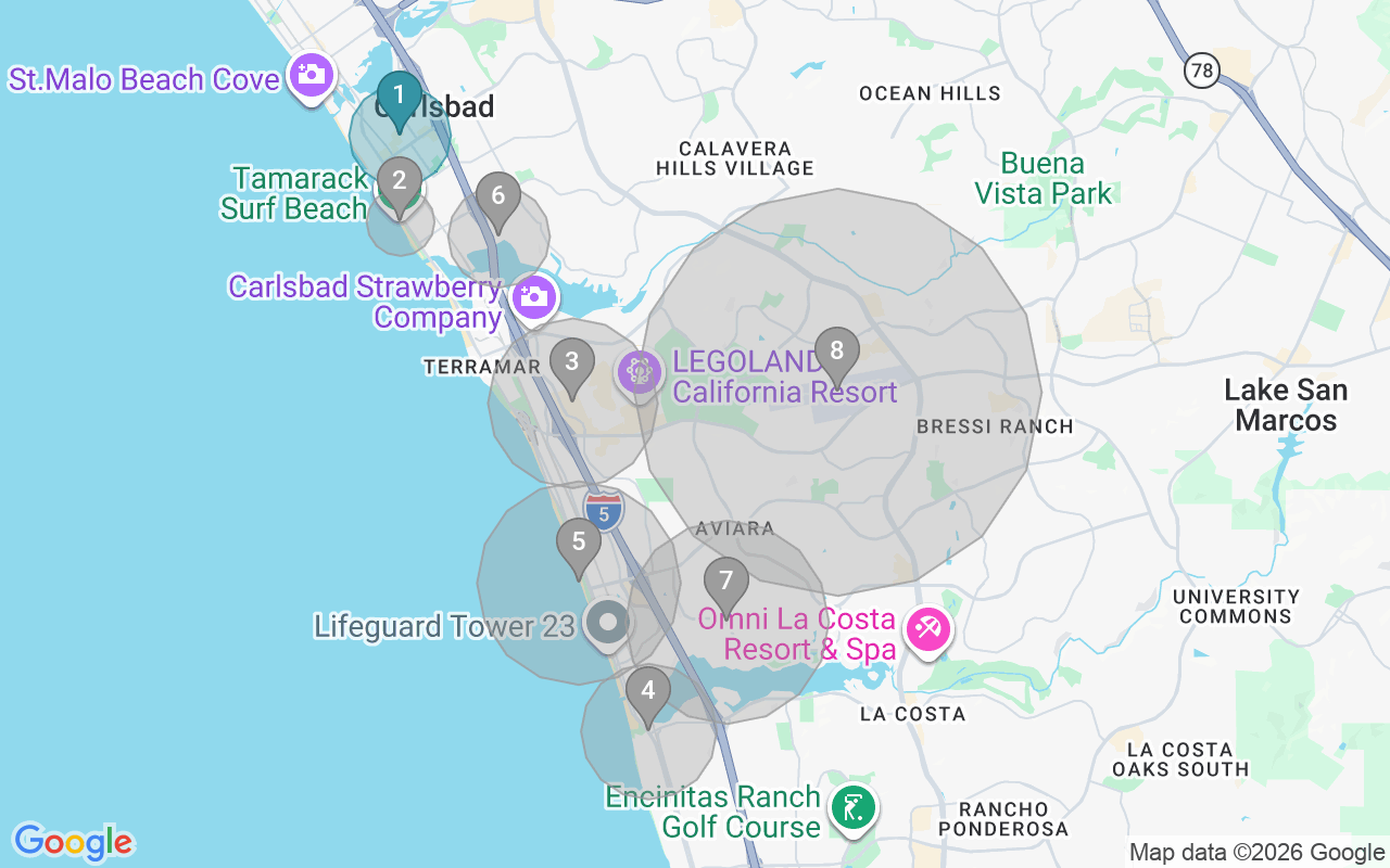Map of Airbnb guest-review hotspots in Carlsbad with location premium circles