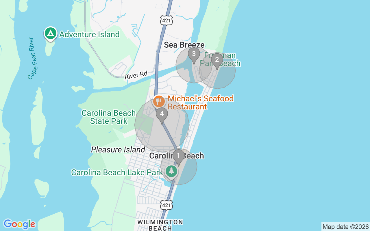 Map of Airbnb guest-review hotspots in Carolina Beach with location premium circles