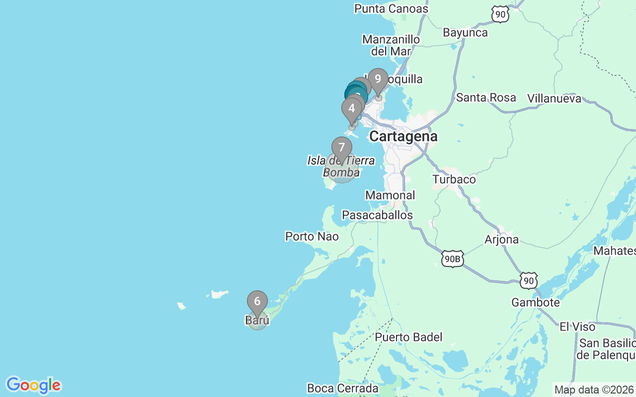 Map of Airbnb guest-review hotspots in Cartagena with location premium circles