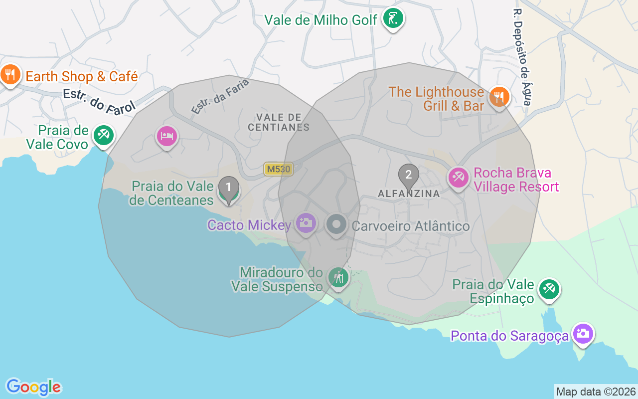 Map of Airbnb guest-review hotspots in Carvoeiro with location premium circles