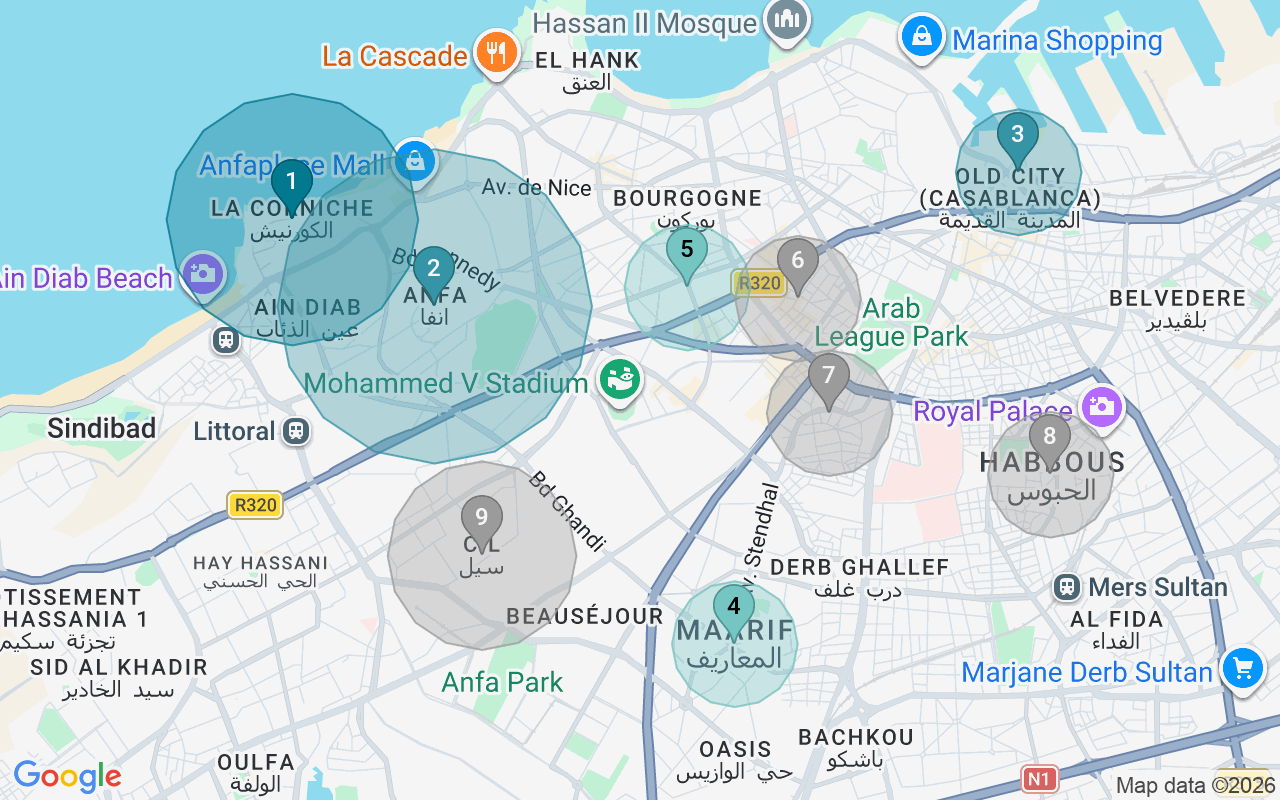 Map of Airbnb guest-review hotspots in Casablanca with location premium circles