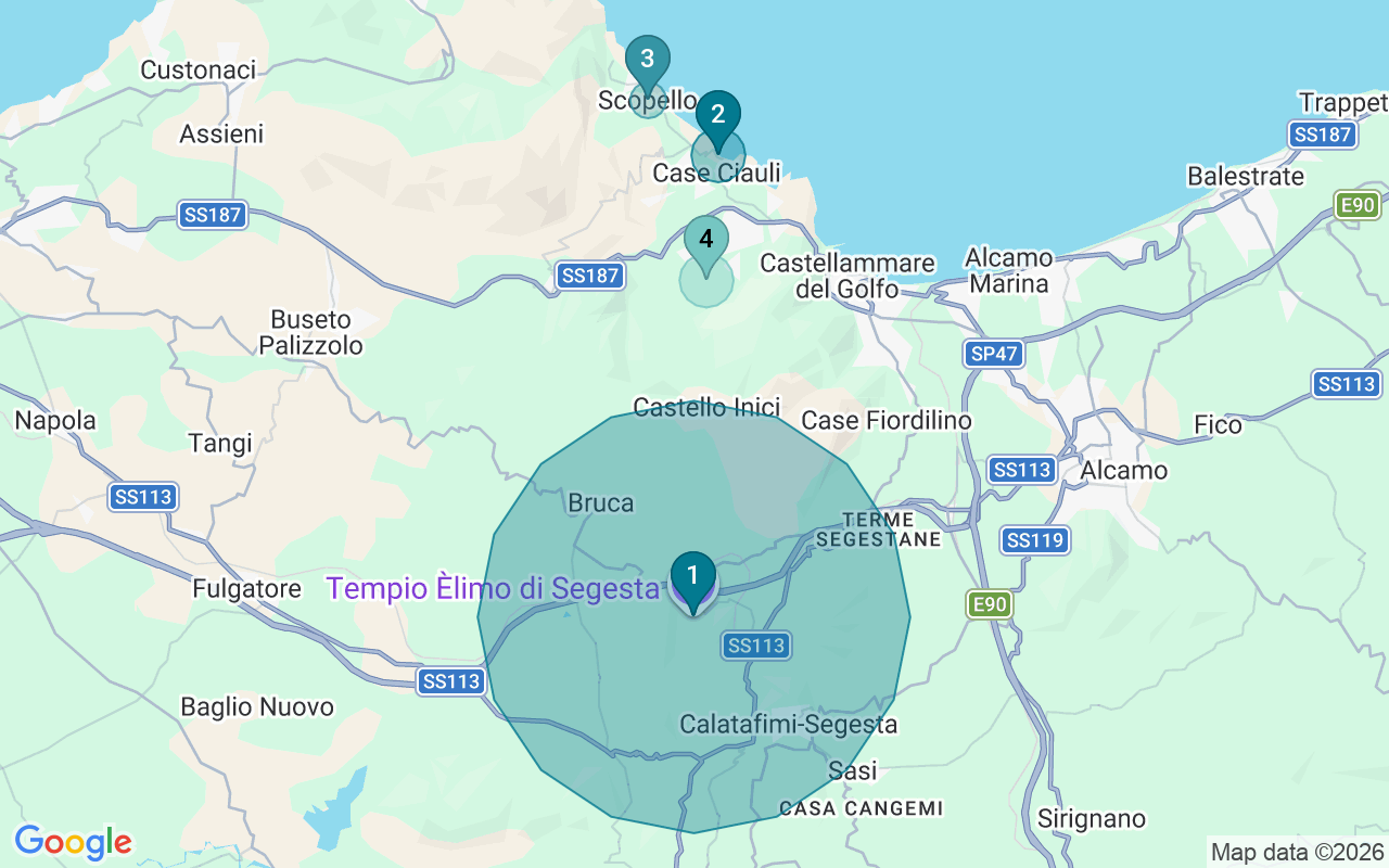 Map of Airbnb guest-review hotspots in Castellammare Del Golfo with location premium circles