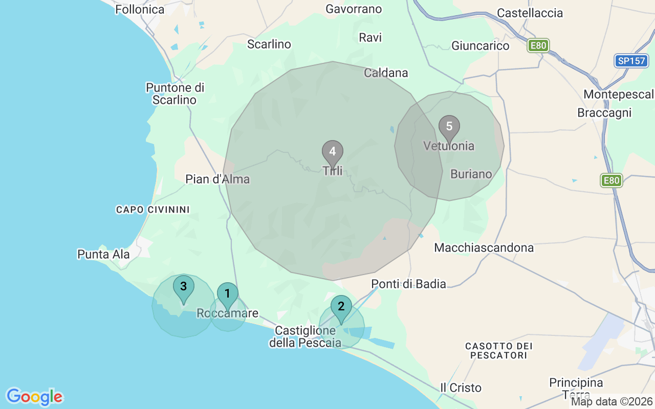 Map of Airbnb guest-review hotspots in Castiglione della pescaia with location premium circles