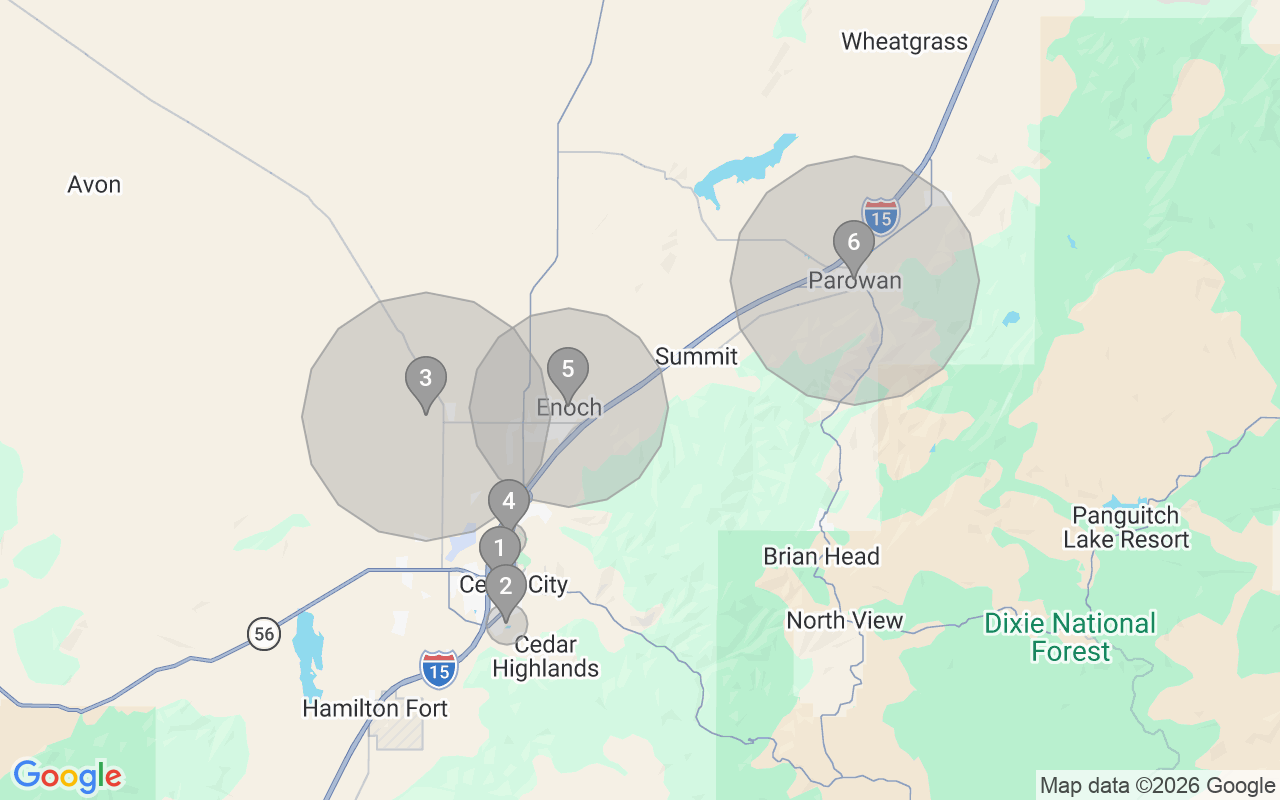 Map of Airbnb guest-review hotspots in Cedar City with location premium circles