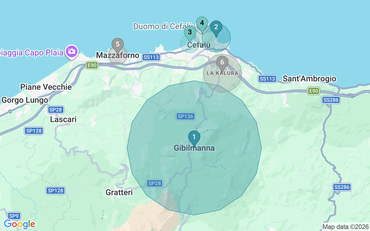 Map of Airbnb guest-review hotspots in Cefalu with location premium circles
