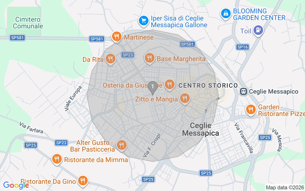 Map of Airbnb guest-review hotspots in Ceglie Messapica with location premium circles