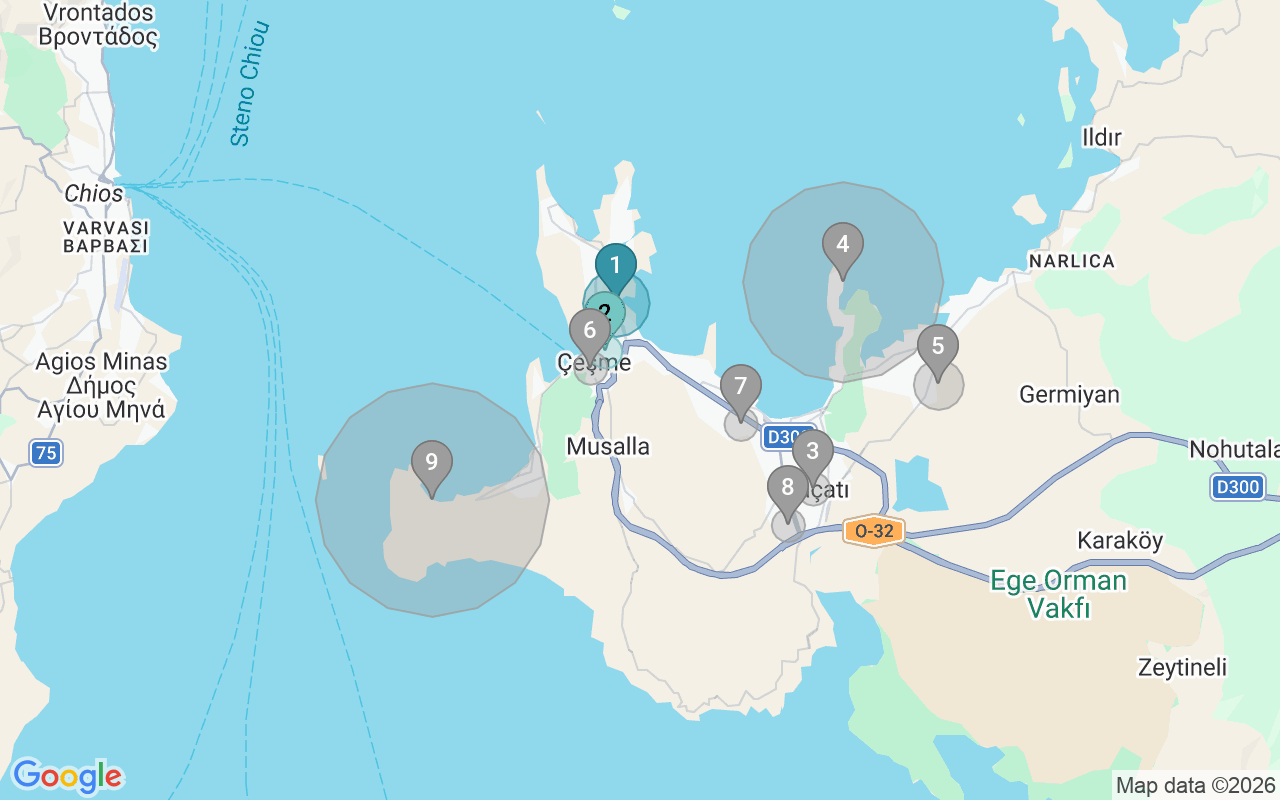 Map of Airbnb guest-review hotspots in Çeşme with location premium circles