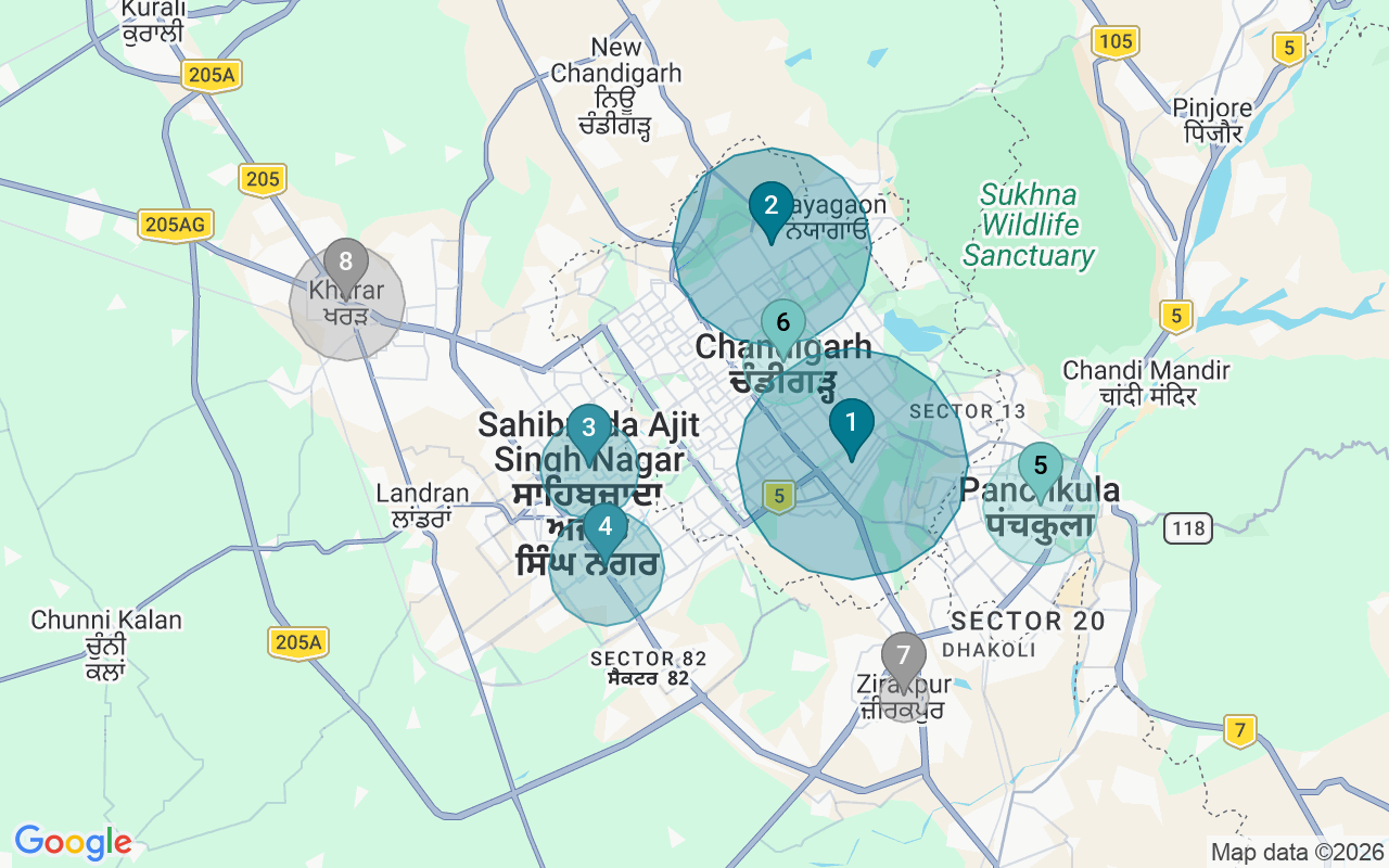 Map of Airbnb guest-review hotspots in Chandigarh with location premium circles