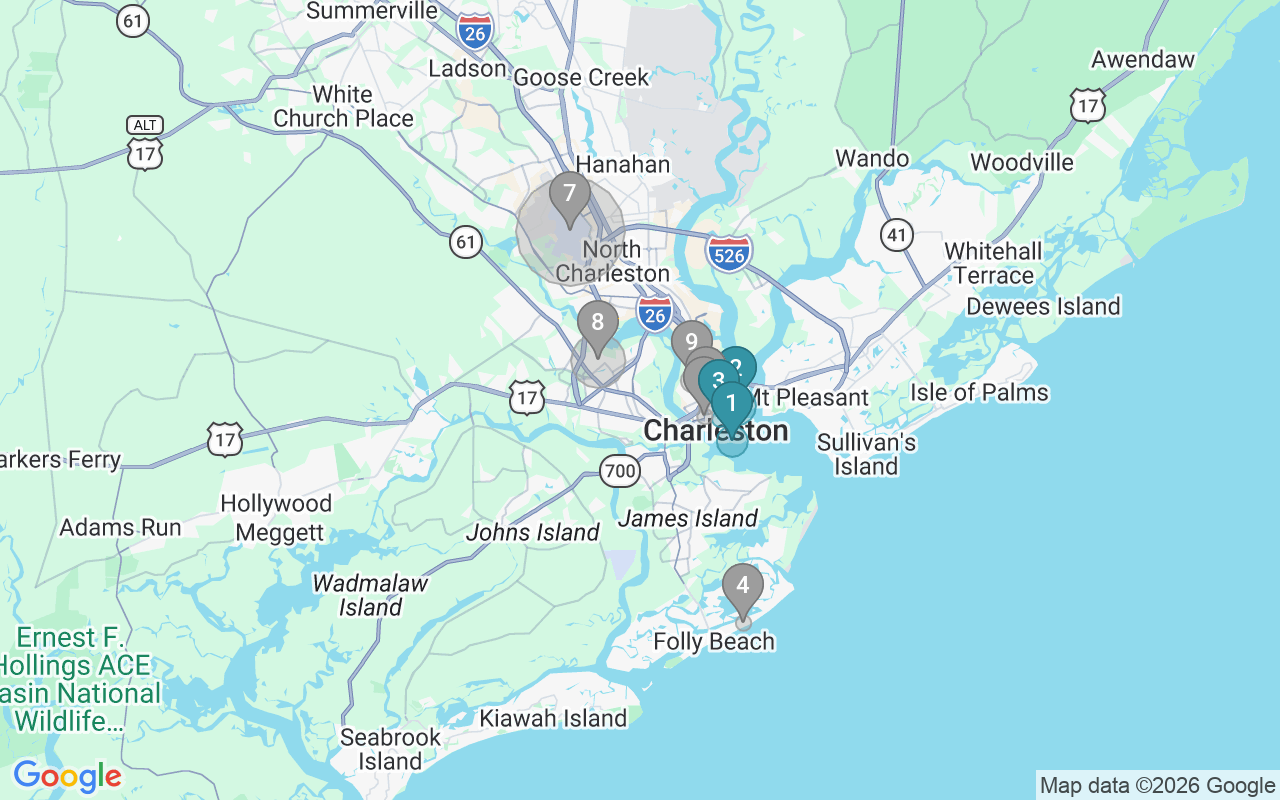 Map of Airbnb guest-review hotspots in Charleston with location premium circles