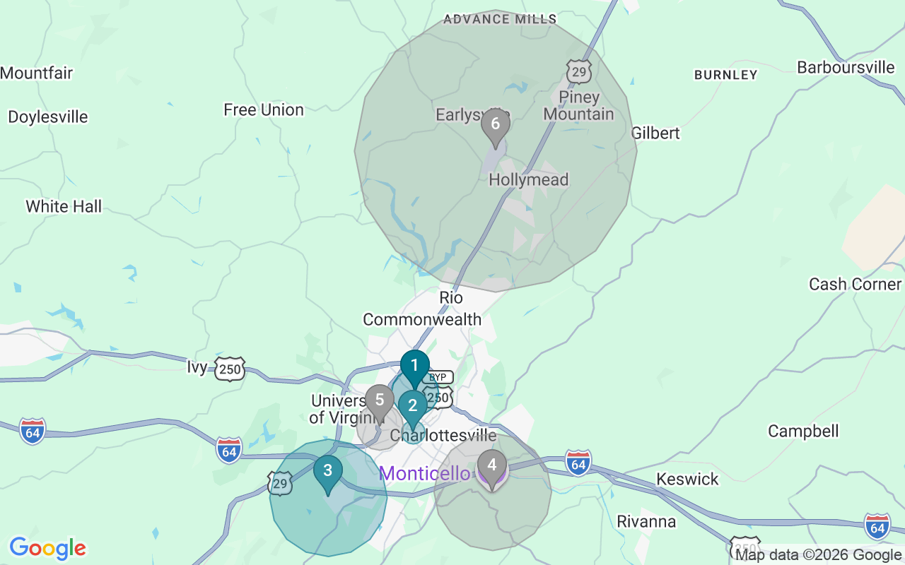 Map of Airbnb guest-review hotspots in Charlottesville with location premium circles
