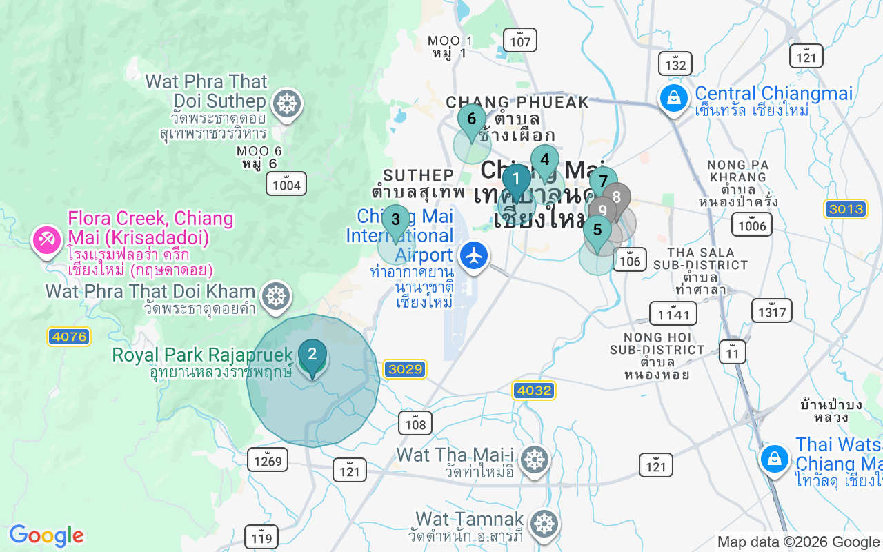 Map of Airbnb guest-review hotspots in Chiang Mai with location premium circles