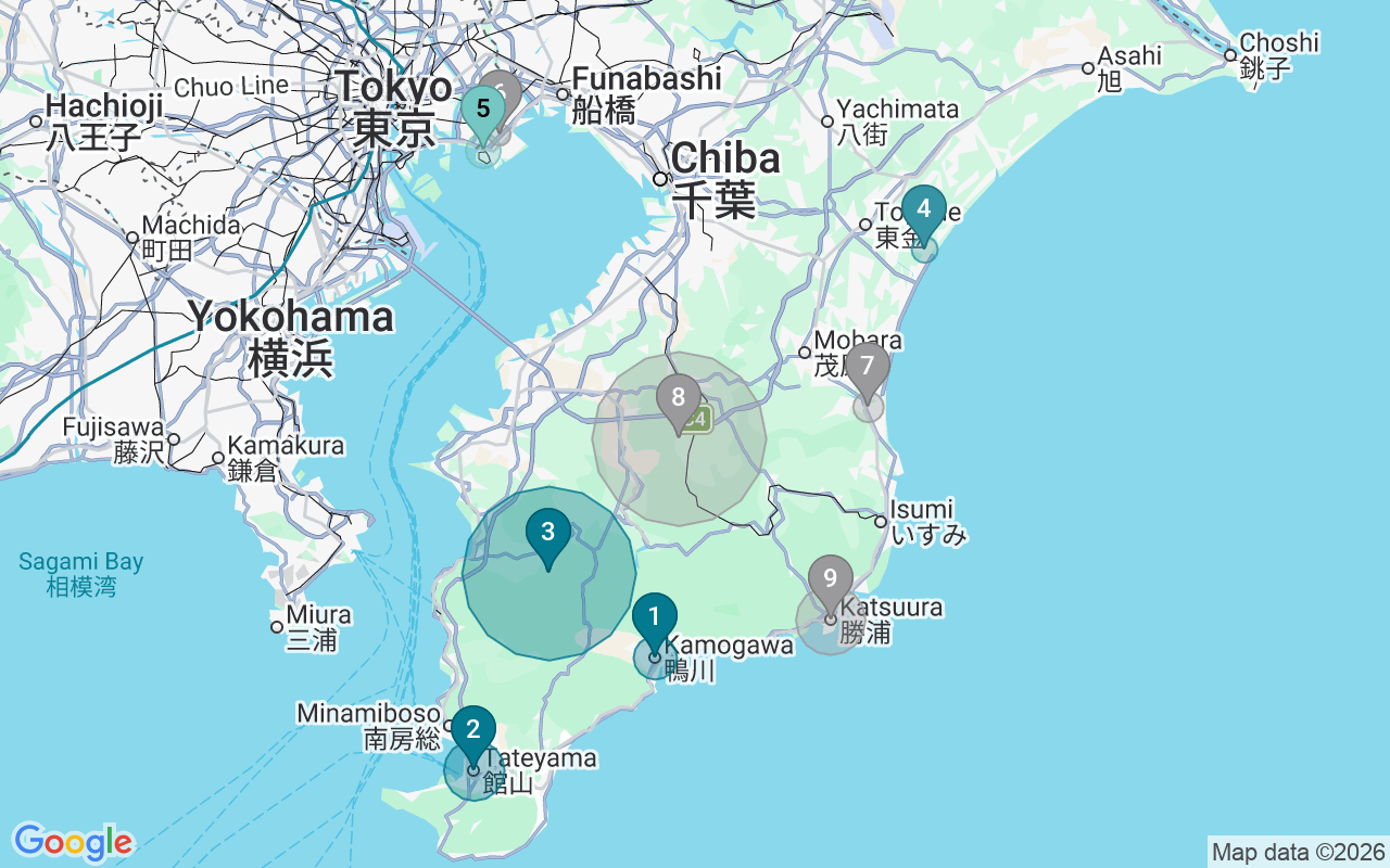 Map of Airbnb guest-review hotspots in Chiba with location premium circles
