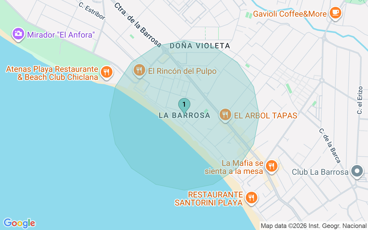 Map of Airbnb guest-review hotspots in Chiclana De La Frontera with location premium circles